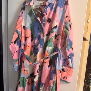 AVA VIV Multicolor Abstract Print Shirt Dress - Pink, Blue, Green